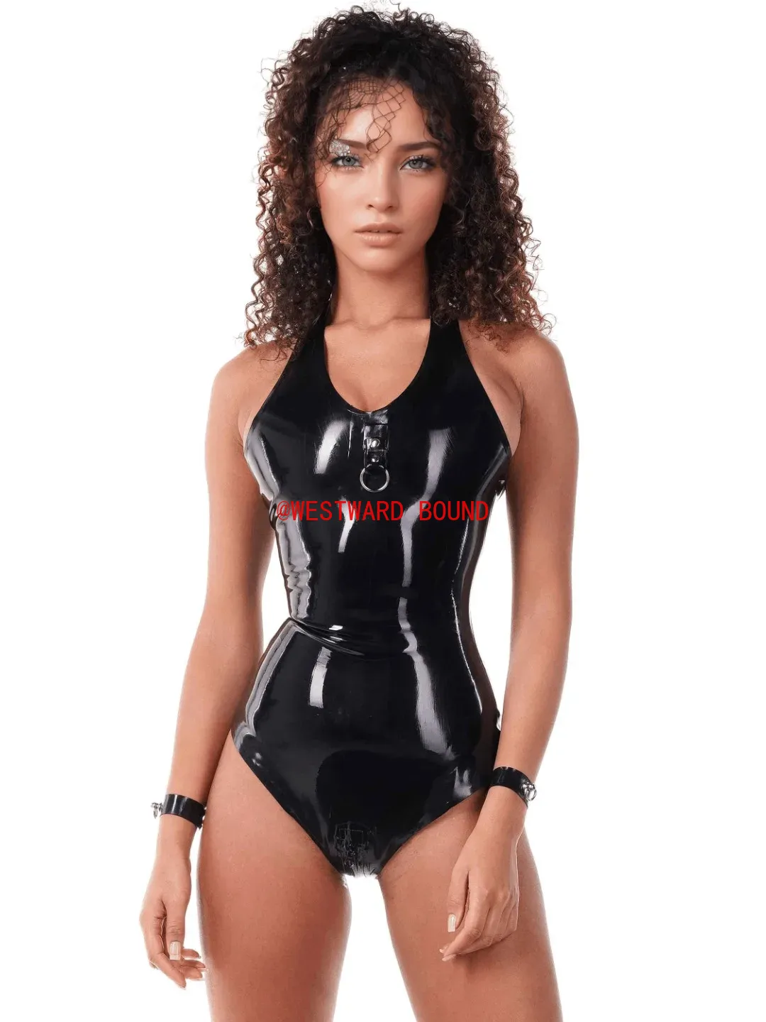 Sleeveless Jumpsuit - bodysuit halter lateks hitam seksi dengan