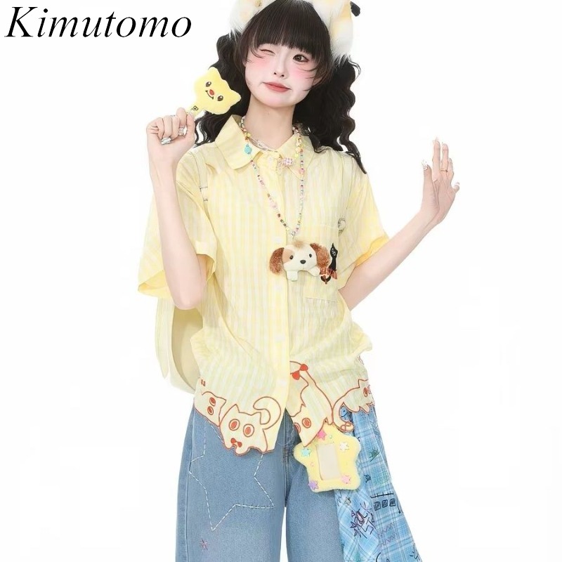Women'S Y2K Fashion Aesthetic - Kemeja Kimutomo Wanita Bordir Kucing Kotak-kotak