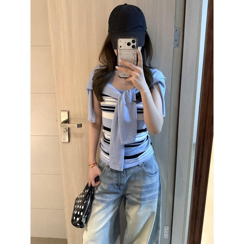Women'S Y2K Fashion Aesthetic - Setelan Rajut Biru Wanita 2026 Baru,
