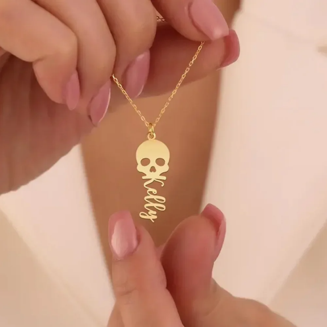 Women'S Fashion Edgy - Kalung Tengkorak Kustom dengan Ukiran Nama