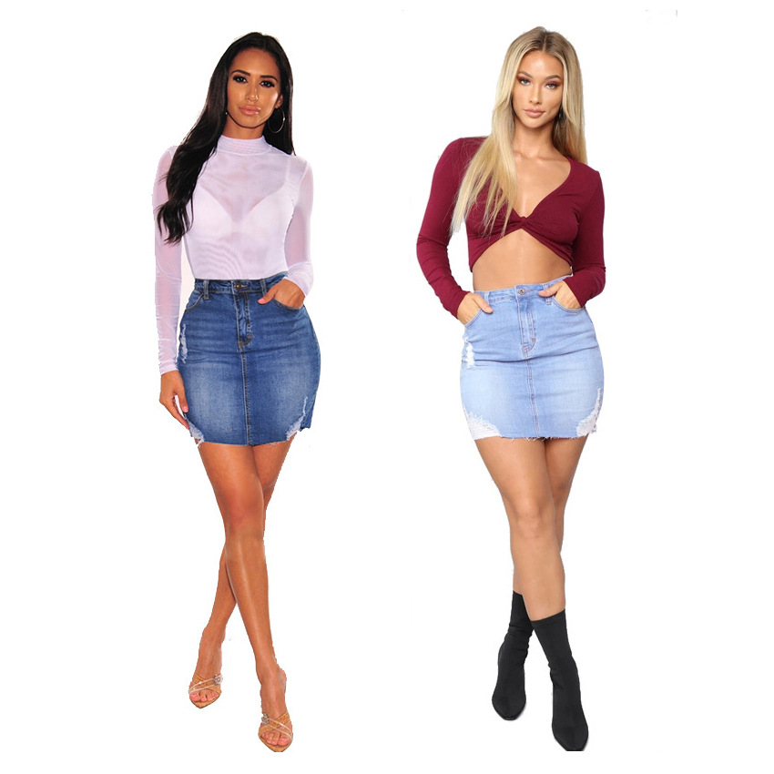 Women Fashion Jeans - Rok Mini Denim Distressed untuk Wanita