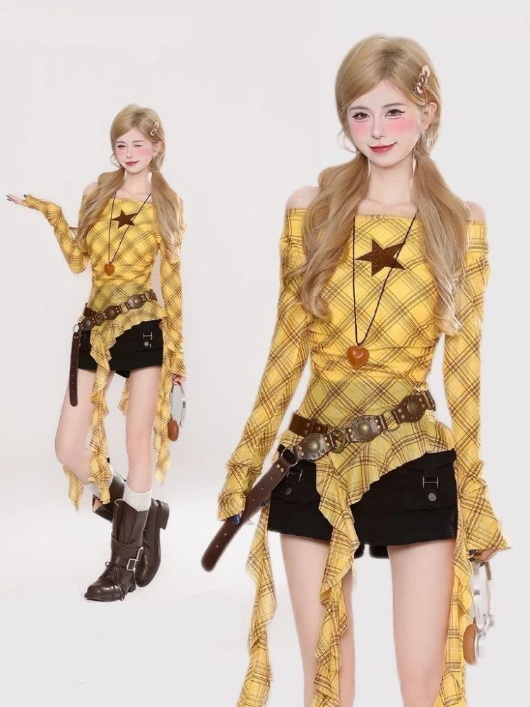 Kaos Vintage Y2K Plaid Slash N - Women'S Y2K Fashion Aesthetic ulasan dan harga