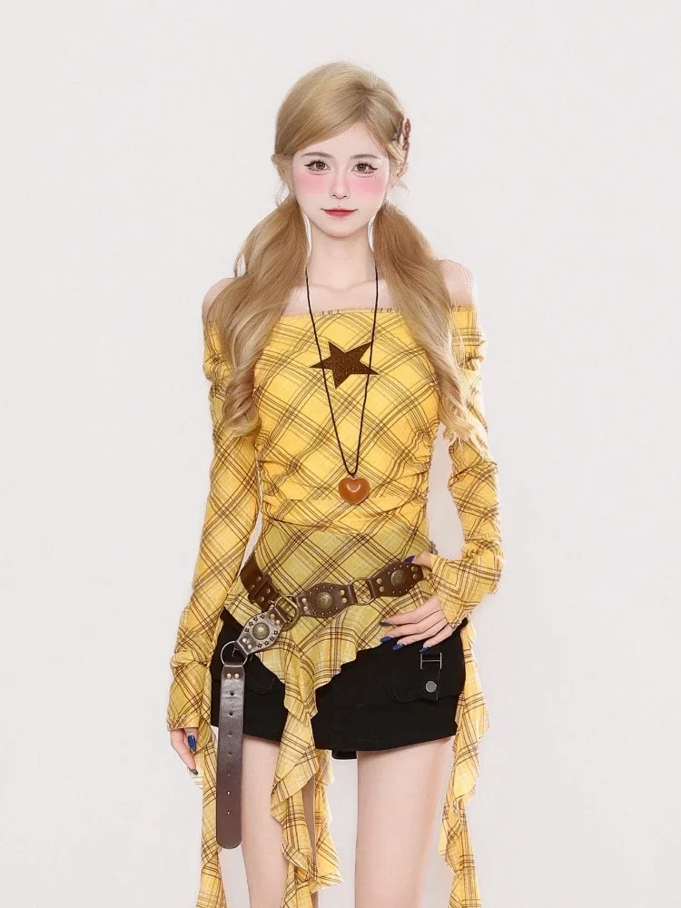 Kaos Vintage Y2K Plaid Slash N - Women'S Y2K Fashion Aesthetic ulasan dan harga