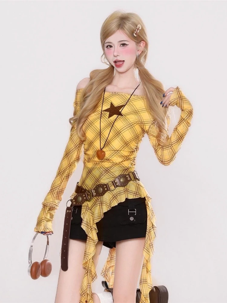 Kaos Vintage Y2K Plaid Slash N - Women'S Y2K Fashion Aesthetic ulasan dan harga